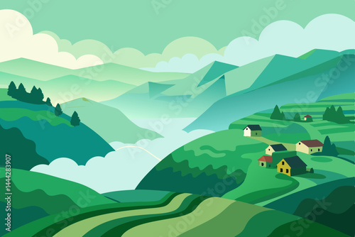 Serene Mountain Village Misty Valley Landscape Illustration