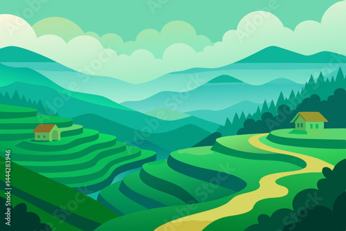 Serene Rice Terraces Picturesque Mountain Landscape Illustration