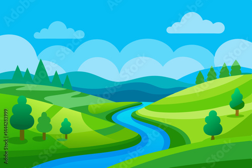 Serene River Landscape Rolling Hills, Lush Greenery, and a Peaceful Vista
