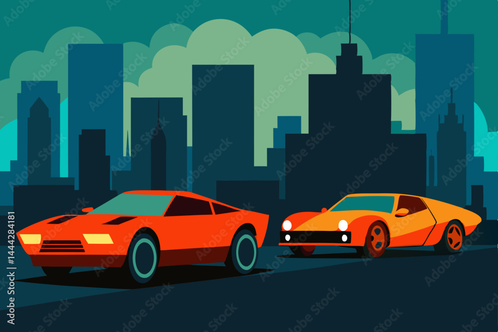 Retro Cityscape Classic Sports Cars Cruise Through Urban Nightscape Retro Cityscape Classic Sports Cars Cruise Through Urban Nightscape