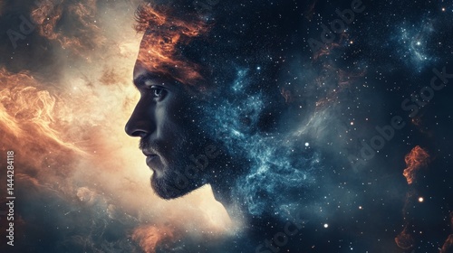 Abstract cosmic art with man's face and galaxy inside his head.