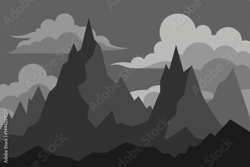Majestic Monochromatic Mountain Range A grayscale landscape illustration