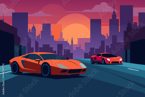 Sunset City Drive Retro Sports Cars Cruising at Dusk