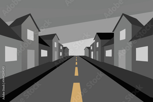 Urban real estate development with city buildings and houses along a winding road, reflecting modern architecture under an open sky