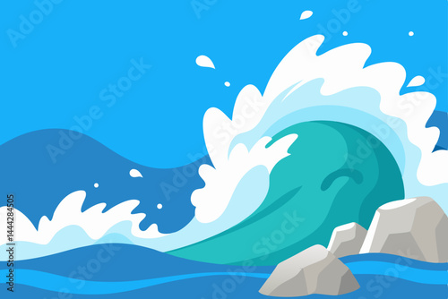 Blue ocean waves crash under a summer sky, with a sun-drenched beach and distant boat completing the vibrant coastal landscape design