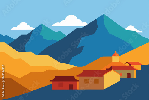 Mountain house with a panoramic view of the snowy peaks, green hills, and cloudy sky