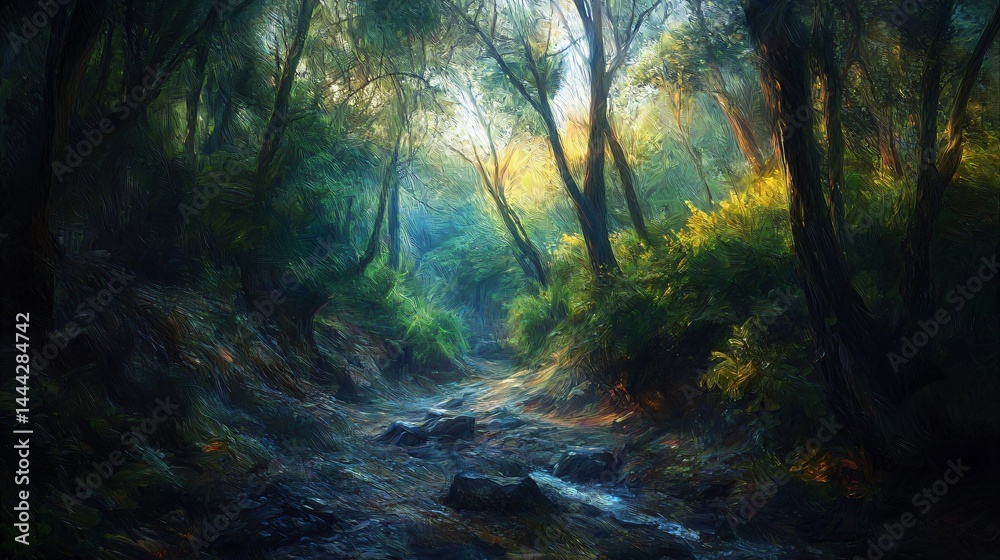 Fototapeta premium Serene forest landscape with a gentle stream flowing through a verdant canopy of trees creating a peaceful natural retreat for reflection