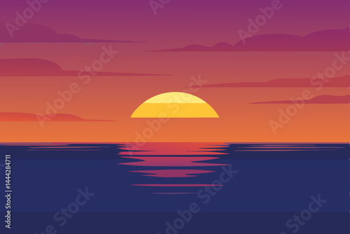 Golden sun dips below the horizon, painting the sky and ocean with fiery orange and red reflections over the tranquil sea