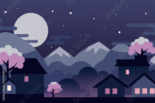 A vector illustration of a house under a moonlit night sky with a city landscape silhouette and a lone tree