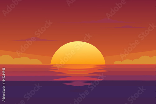 Orange sunset paints the sky and sea, a beautiful reflection of nature's evening light over the ocean horizon