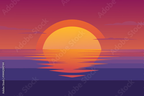 Beautiful red and orange sunset over the calm sea, with a vibrant sky and reflection on the water's surface, a stunning nature landscape at sundown