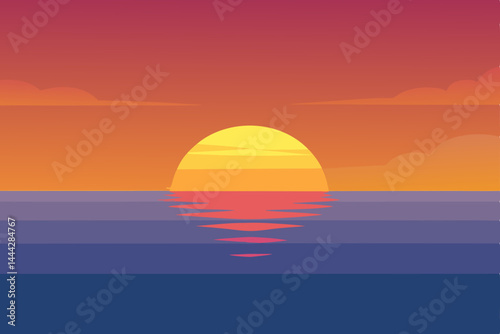 Golden sun dips below the horizon, painting the sky and sea with vibrant orange and red hues