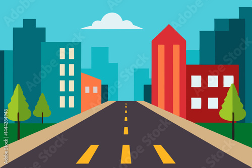 An urban streetscape with modern architecture and towering skyscrapers defines the city skyline