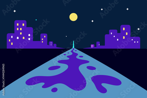 Here's a single sentence for describing your image:

A captivating vector illustration of a dark urban night with a star-filled sky, silhouetted buildings, and a glowing moon over the city skyline