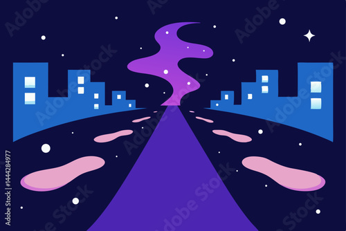 Urban skyline illustration with city lights, buildings, and a dark night sky with stars and moon