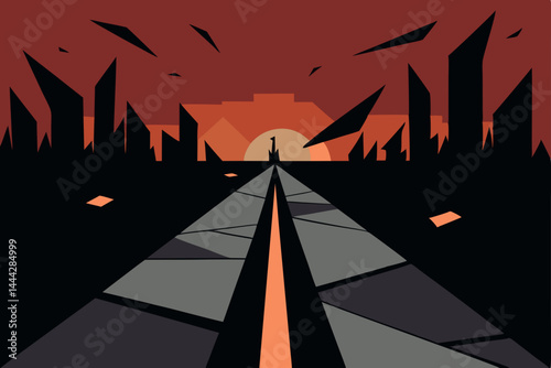 Night city highway with illuminated asphalt lines leading towards a distant horizon, a symbolic journey of success