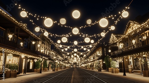 Nighttime downtown street decorated with lights