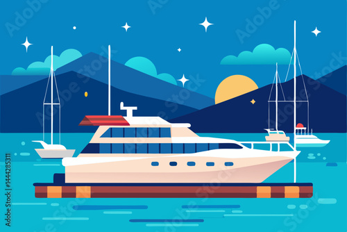 Luxury yachts and cruise ships sail on the vast blue ocean under a clear sky, offering scenic passenger travel