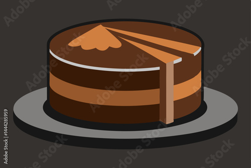Delicious piece of chocolate birthday cake with strawberry and cream on a plate, a sweet dessert illustration