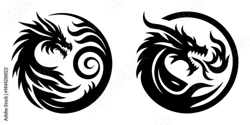 Circular Tribal Dragon Tattoo Emblem Vector Set