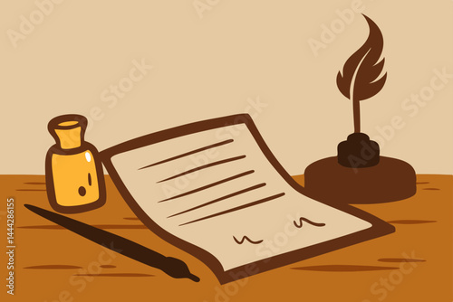 Vintage business concept illustration featuring an old quill pen and inkwell on paper