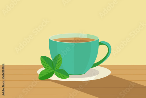 A hot beverage, whether a cup of tea with mint or a coffee, served in a white mug on a saucer for a comforting breakfast drink