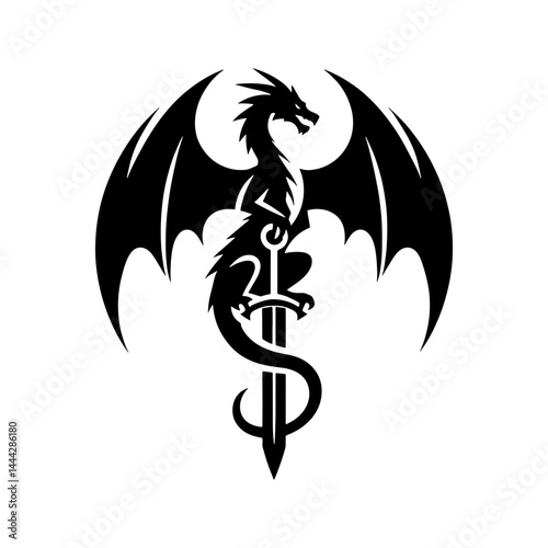 Sword Winged Tribal Dragon Silhouette Tattoo Vector