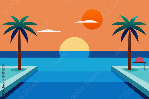 Tropical island paradise: sun setting over a serene beach with palm trees and a vibrant sky