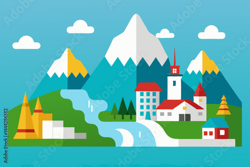 Image Description:

A charming cartoon vector illustration of a fantasy castle nestled on a green hill with a tree, overlooking a peaceful summer rural village under a blue sky with cloudsA charming c
