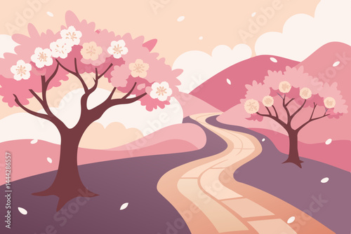 Pink cherry blossom tree in spring with delicate floral branches