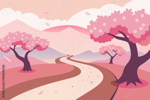 Pink cherry blossom tree in spring, a beautiful floral nature landscape illustration
