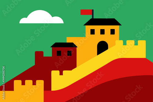 An architectural illustration of a whimsical castle in a mountainous landscape, nestled between a summer village and the sky, with trees and a church nearby