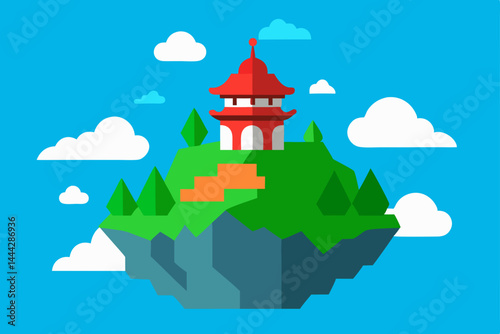 Serene Floating Island Pagoda, Clouds, and Tranquil Green Hills
