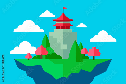 Floating Island Pagoda A Serene Asian-Inspired Illustration