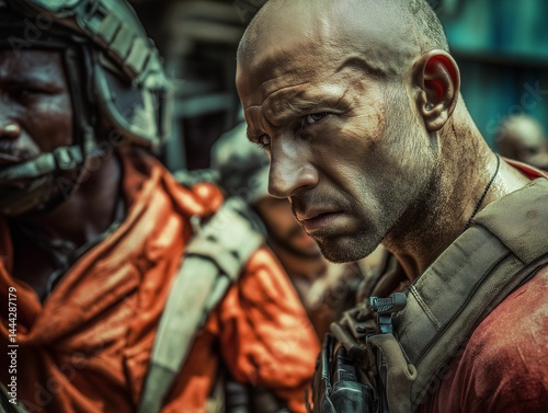 Wallpaper Mural AI-generated close-up of two focused male soldiers in tactical gear, one in orange uniform Torontodigital.ca