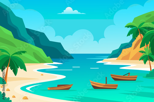 Serene Tropical Beach Cove Boats and Palm Trees in Paradise
