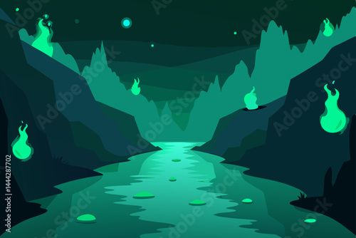 Enchanted Green Valley Mystical River and Ethereal Flames Landscape