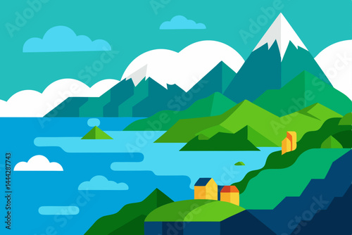 Serene Coastal Mountain Landscape A Vibrant Illustration of Nature's Beauty