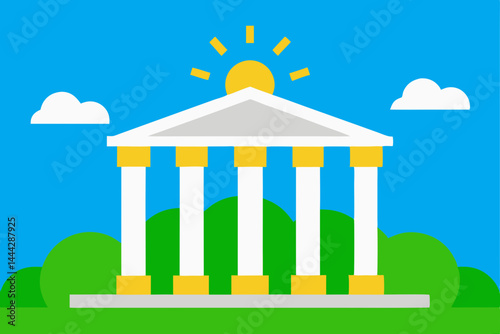 Cottage, hut, or church, this residential house design, be it a vector illustration or cartoon art, with its roof and windows, stands against the sky and landscape with sun, grass, trees, and clouds