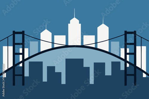 A striking silhouette of a bridge spans the urban cityscape, showcasing modern architecture and towering skyscrapers against the skyline
