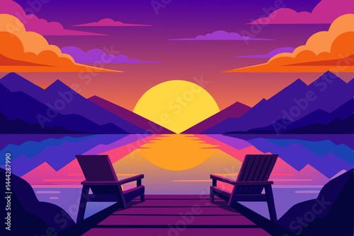 A beautiful landscape of sunset over mountains and a lake, with the sky ablaze in the evening light
