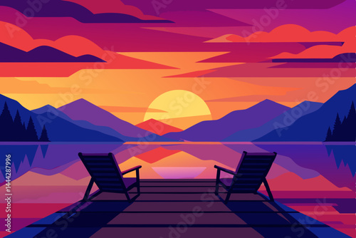 Tropical sunset views from a resort cafe, with chairs on the beach overlooking the water, inviting ultimate summer relaxation and nature's beauty
