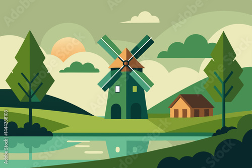 Serene Green Landscape Windmill, Farm, and River Sunset Illustration