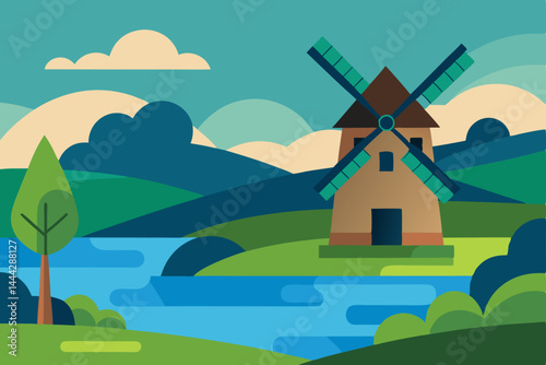 Serene Landscape Windmill by the River, Countryside Scenery