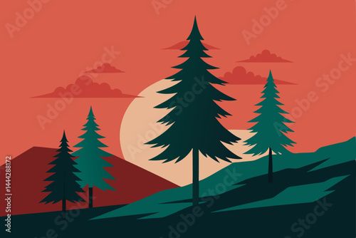 Serene Sunset Landscape Silhouette of Pine Trees and Mountains