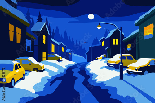 Snowy Night Street Scene Winter Village Houses and Cars under Moonlight