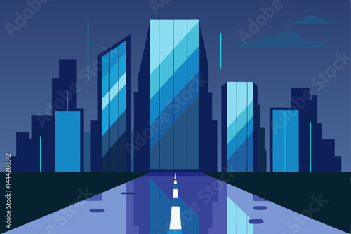 Night Cityscape A Futuristic Road Leading to Illuminated Skyscrapers