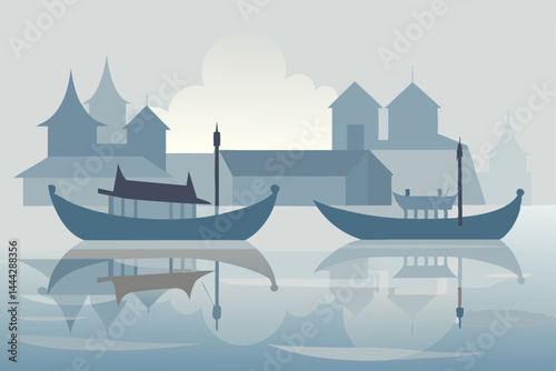 Serene Harbor Boats and Cityscape in a Misty Morning