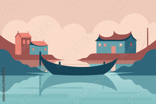 Serene Asian Village Lakeside Scene Tranquil Boat and Houses at Dawn