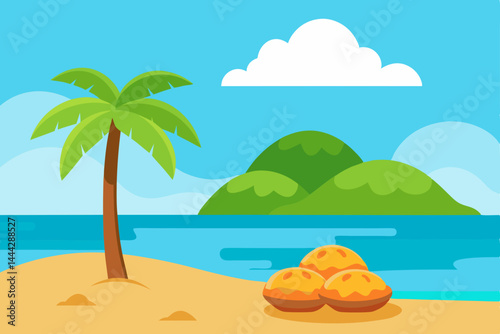 Tropical Paradise Idyllic Beach Scene with Palm Tree and Coconut